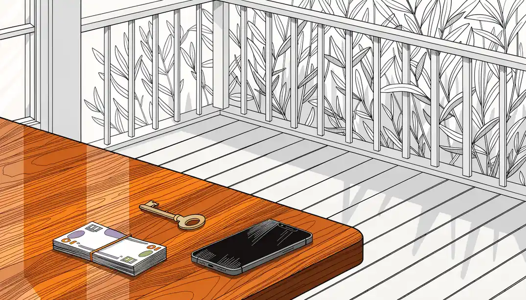 Australian ten-dollar notes beside a brass key and a face-down smartphone on a sunlit veranda.
