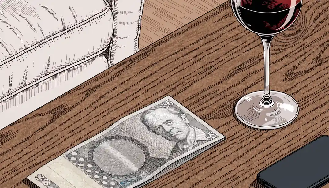 Australian twenty-dollar note on a table next to a wine glass and a phone.