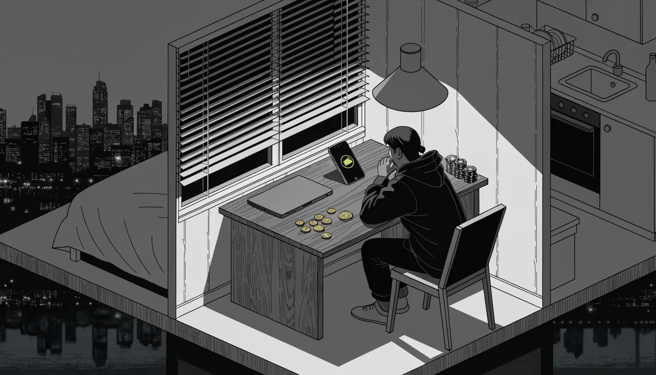 Hooded figure at a desk with crypto wallet phone and poker chips, Sydney night skyline.