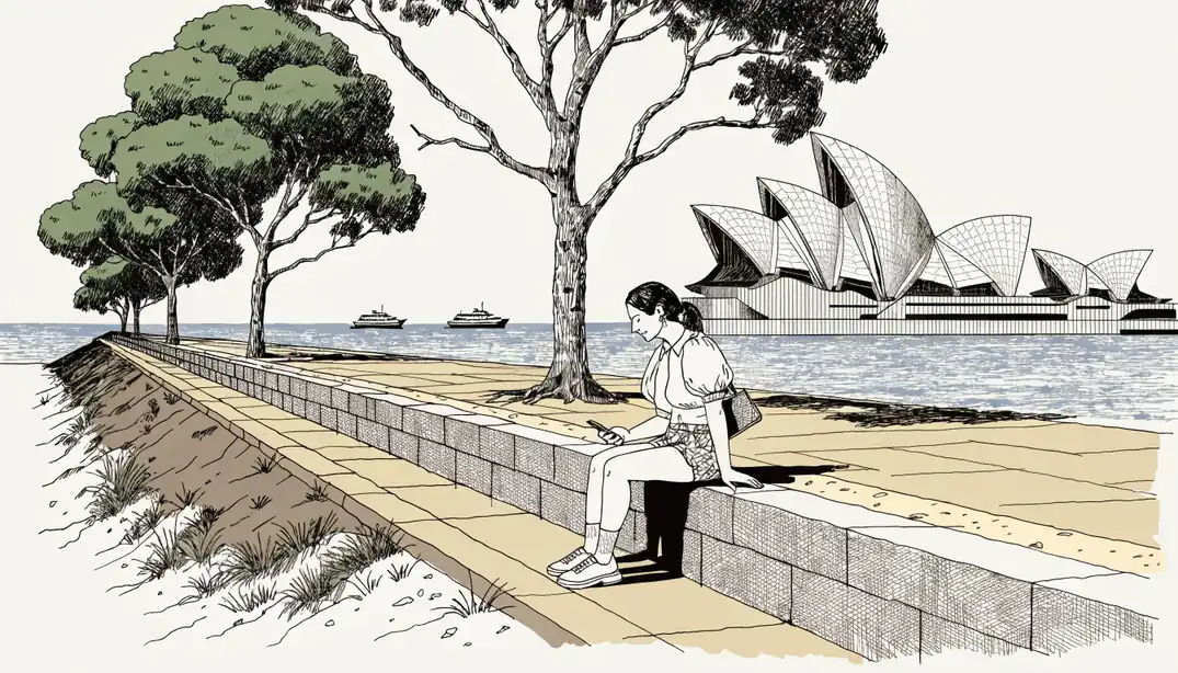 Young woman holding a smartphone on a sunny Sydney harbour promenade with the Opera House in the background.