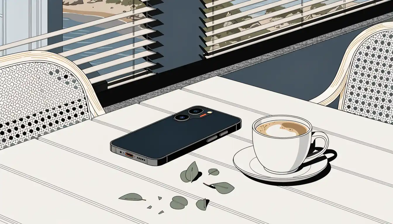 Smartphone on café table with coffee and eucalyptus, Australian coastal setting.