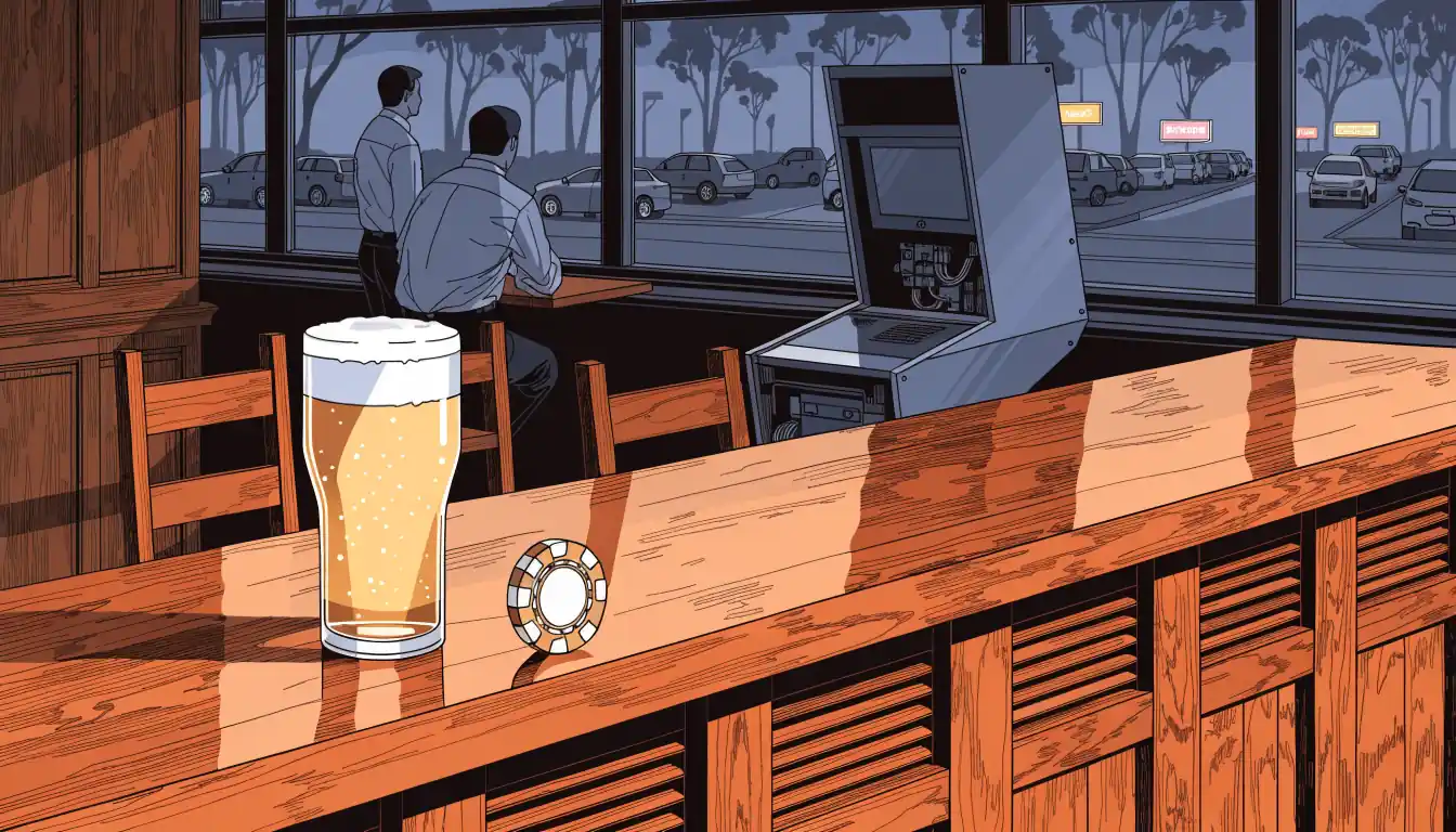 Australian pub interior with pokie machine cabinet and a casino chip balancing on the bar counter.