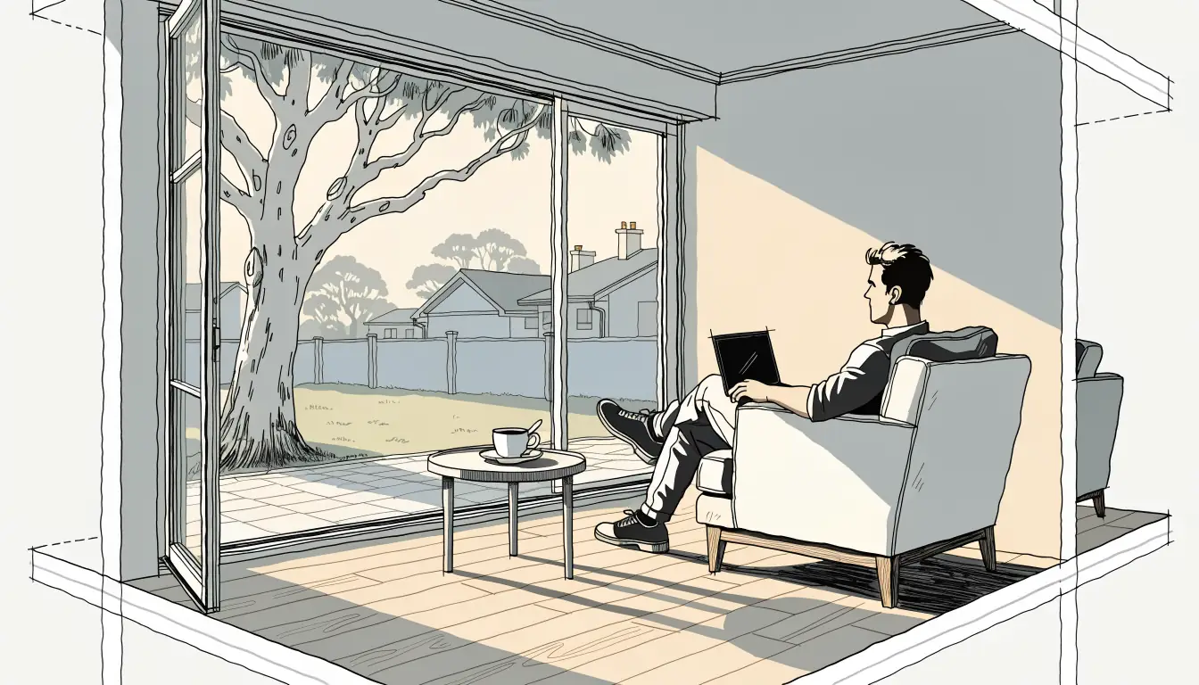 Warm Australian lounge room at golden hour, relaxed home gaming setting