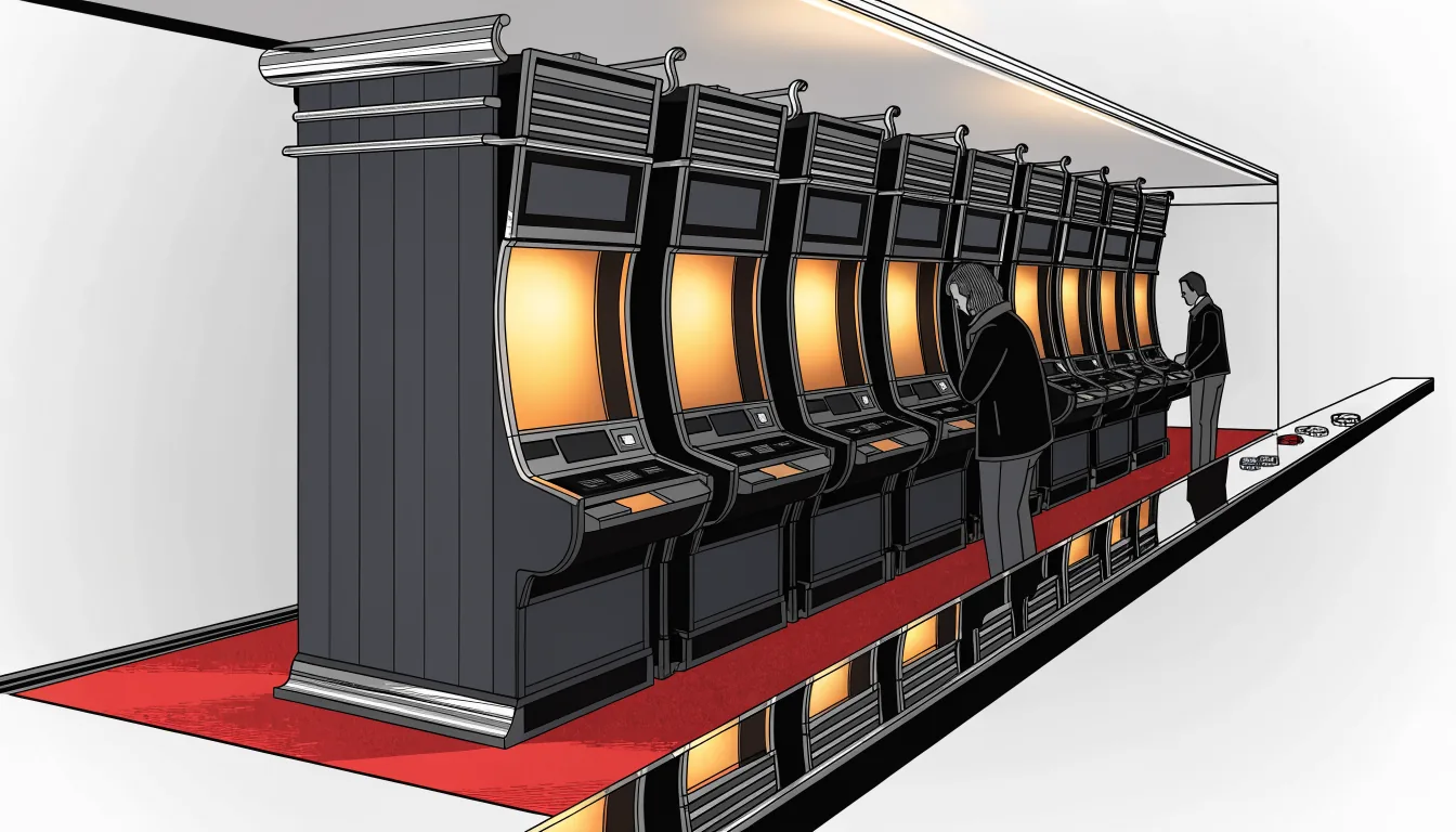 Glowing slot machines on an Australian casino floor at night