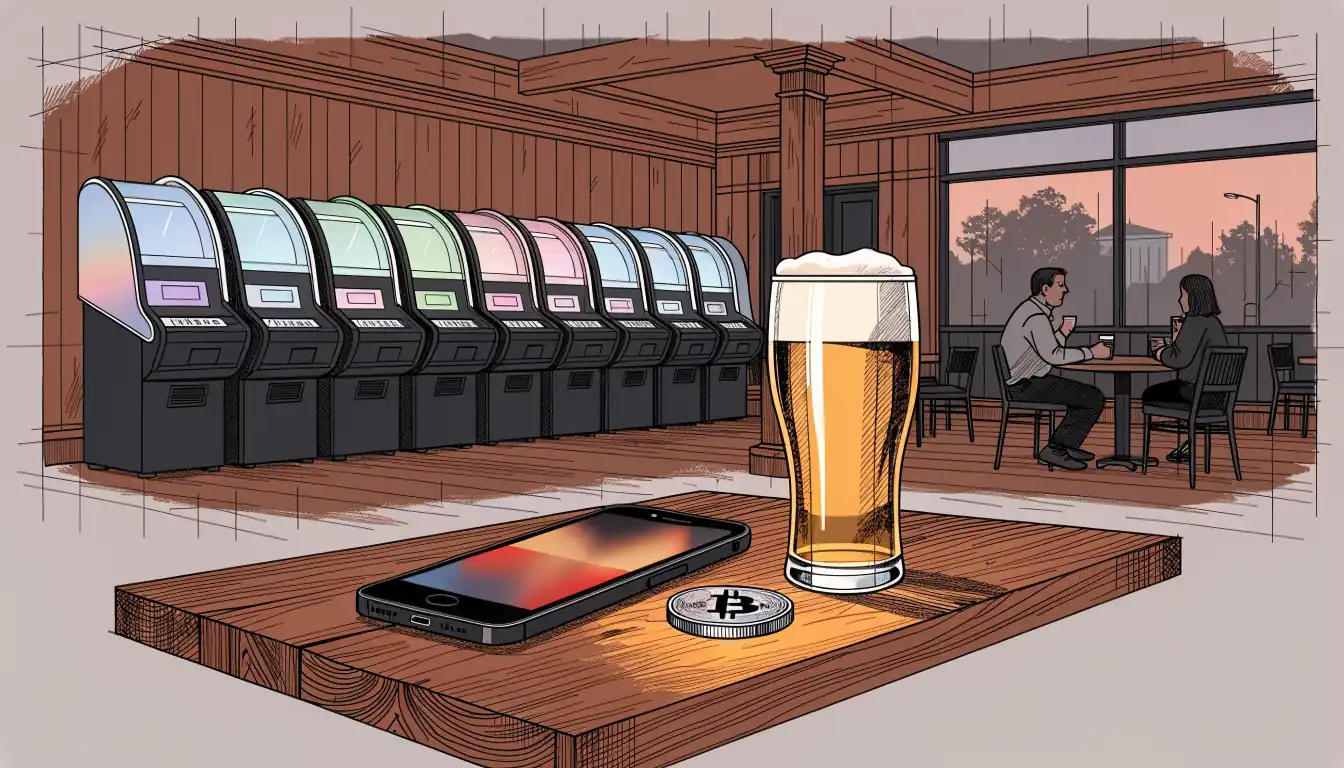 Australian pub interior with gaming machines and a bitcoin token on a wooden table.