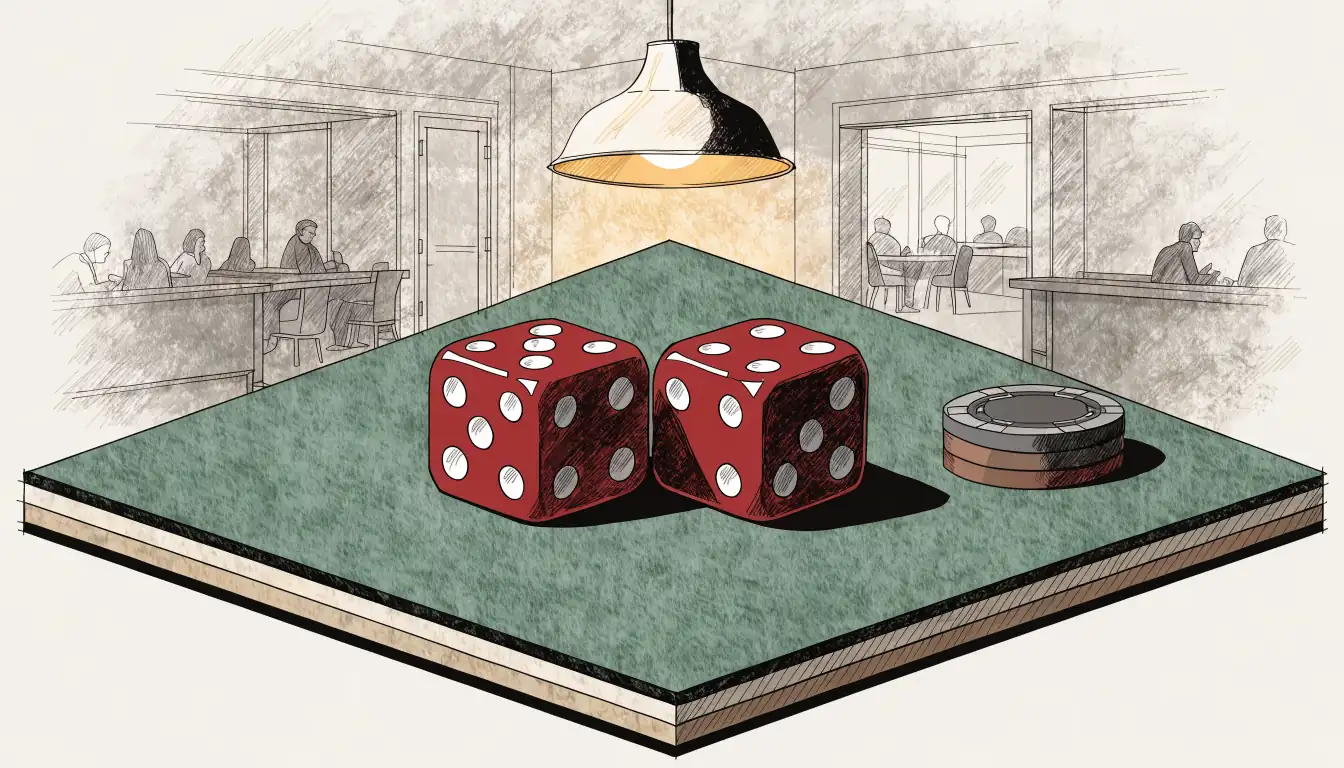 Red dice and casino chips on a green felt table under warm light