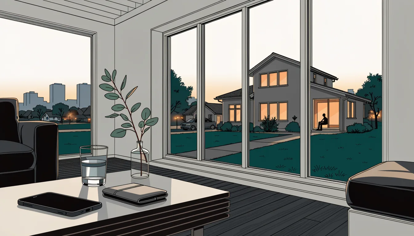 Australian living room with smartphone, wallet, and eucalyptus at dusk.