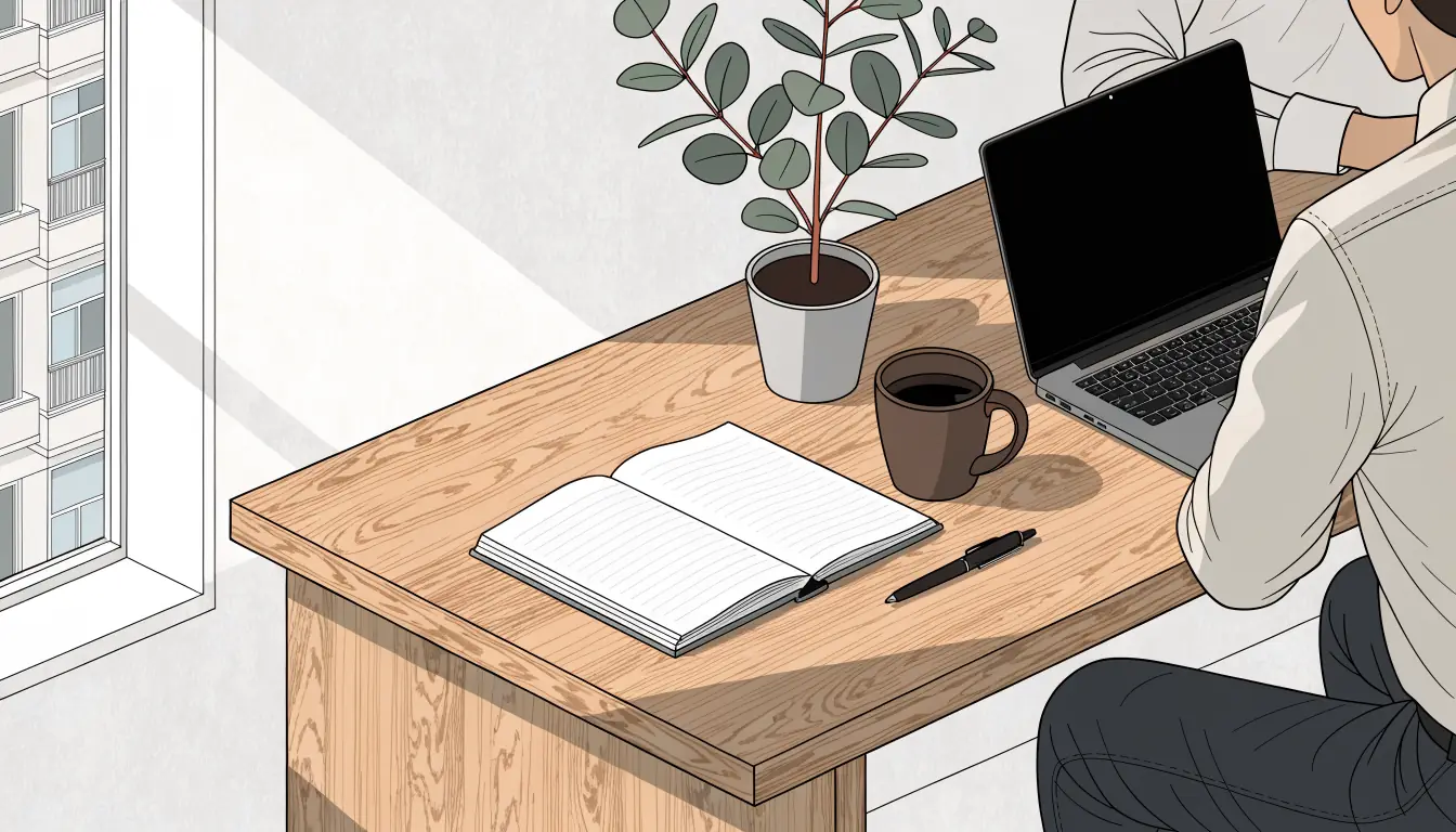 Australian office desk with notebook, pen, coffee, and eucalyptus plant by daylight.