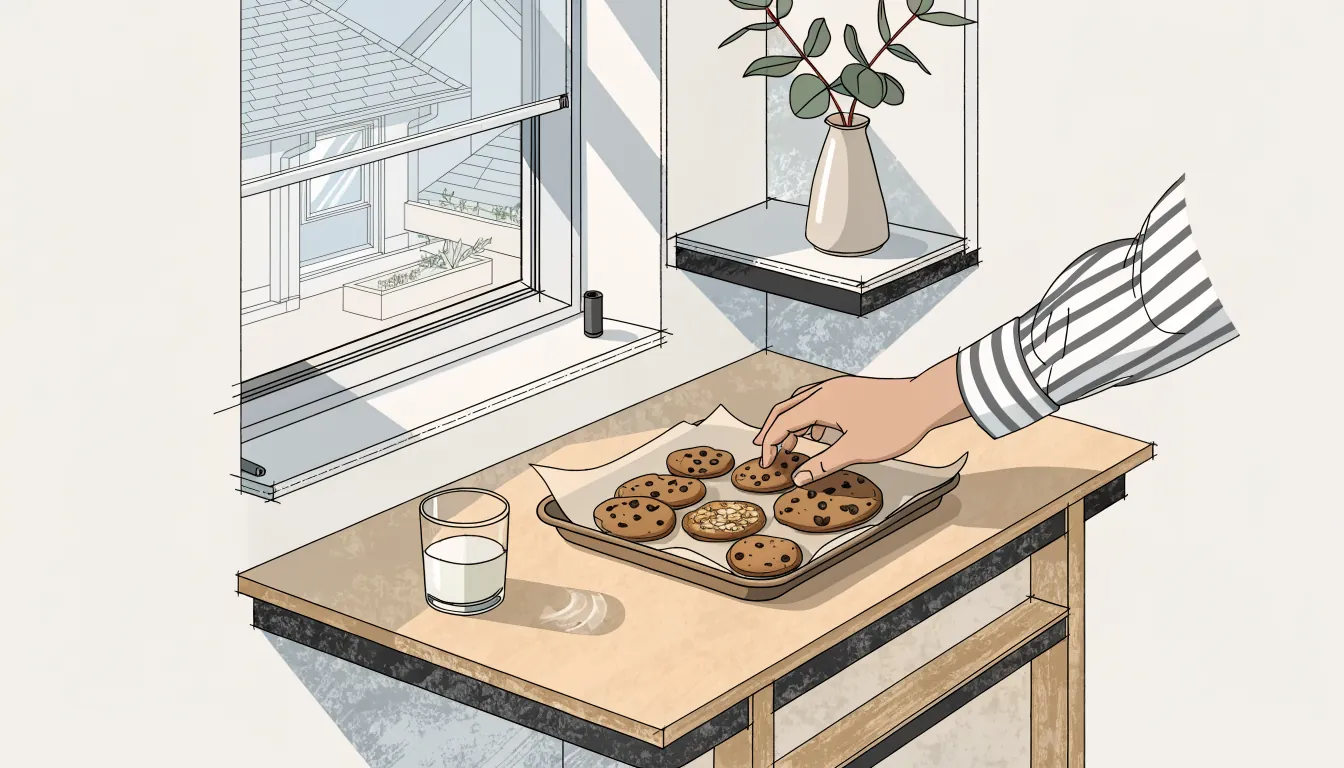 A tray of homemade cookies with milk on a sunlit kitchen bench.