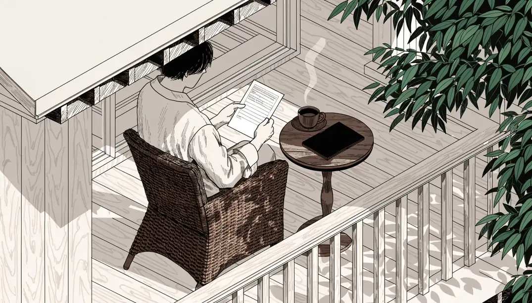 Person reading a printed disclaimer document on an Australian veranda