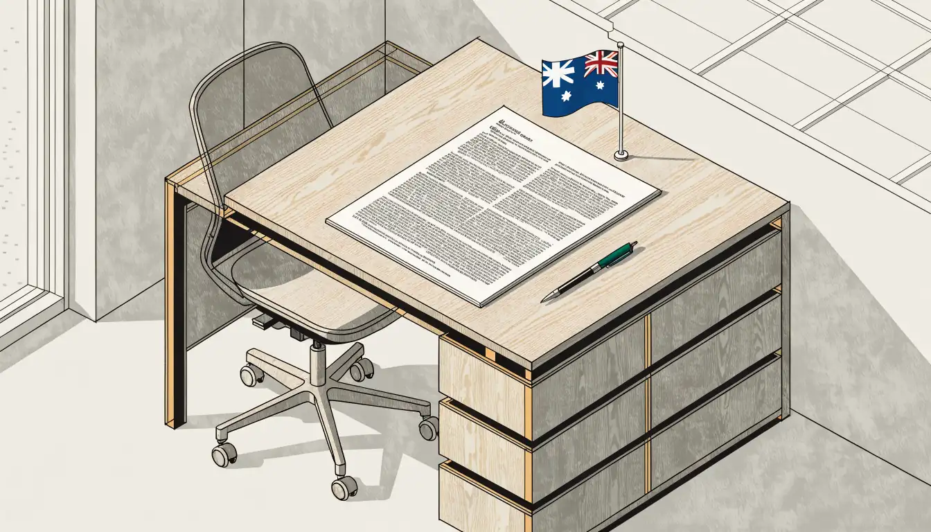 Australian law office desk, open statute and small flag