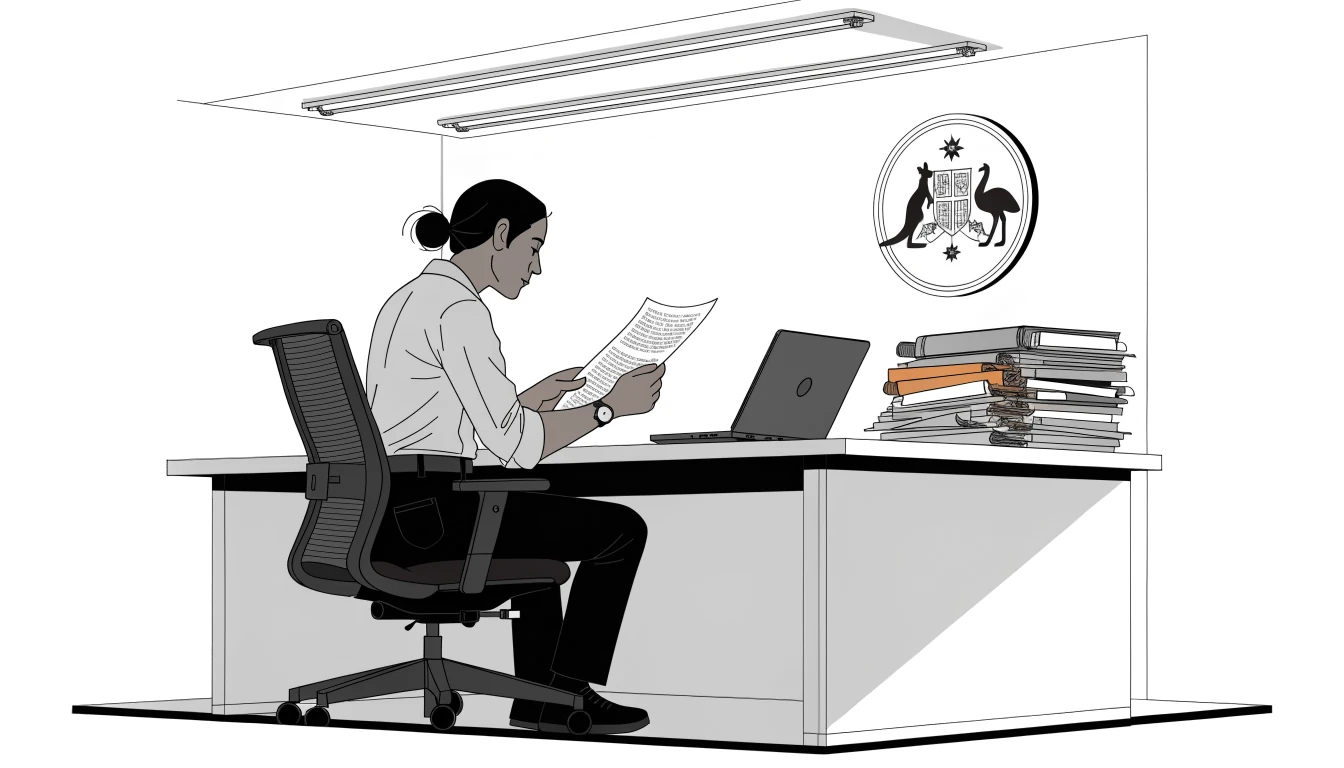 Australian regulator at desk with closed laptop and files
