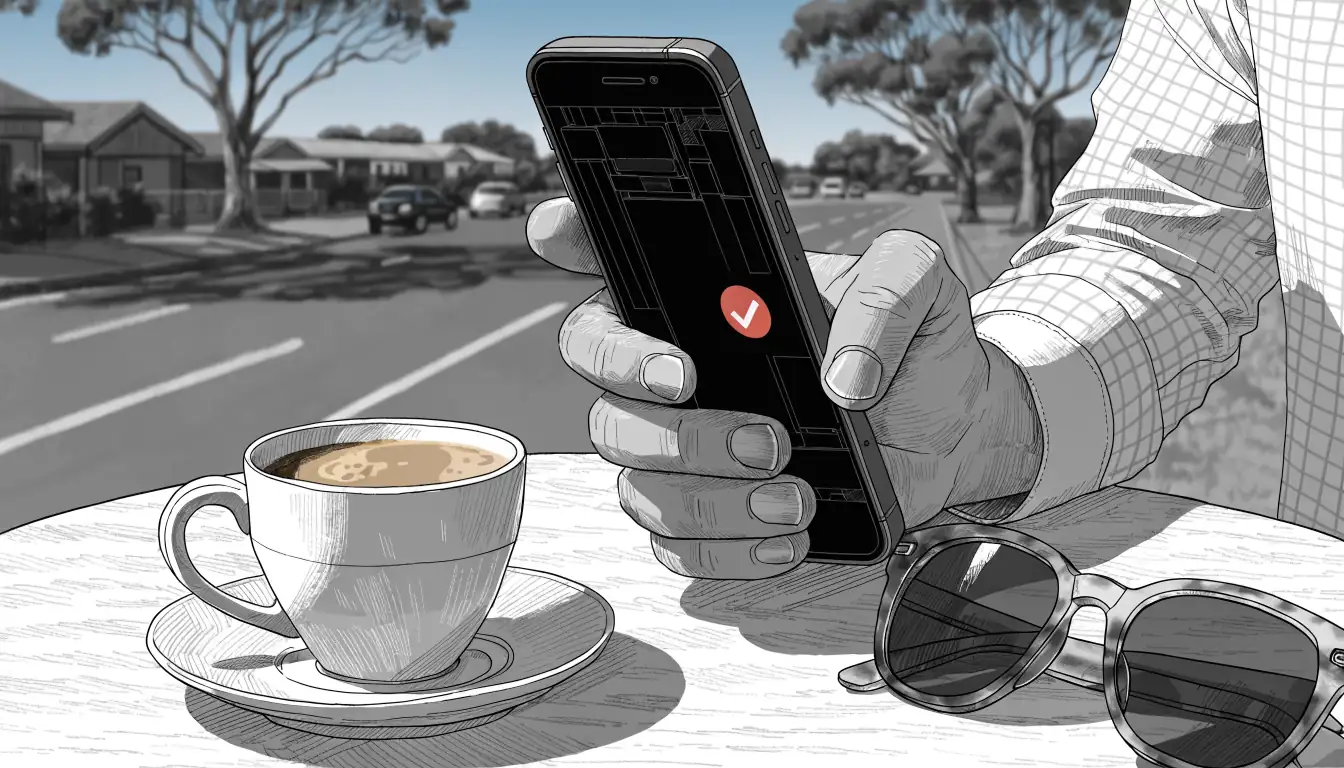 Hand holding smartphone showing instant PayID transfer notification at an Australian cafe
