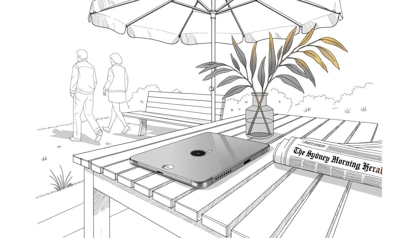 iPad face-down on a Sydney cafe table beside a newspaper