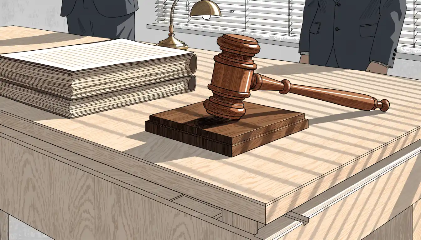 Wooden gavel and bound legal documents on a sunlit desk.