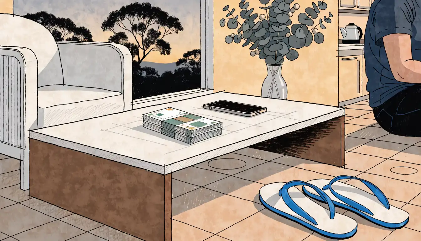 Australian living room with cash and phone at dusk