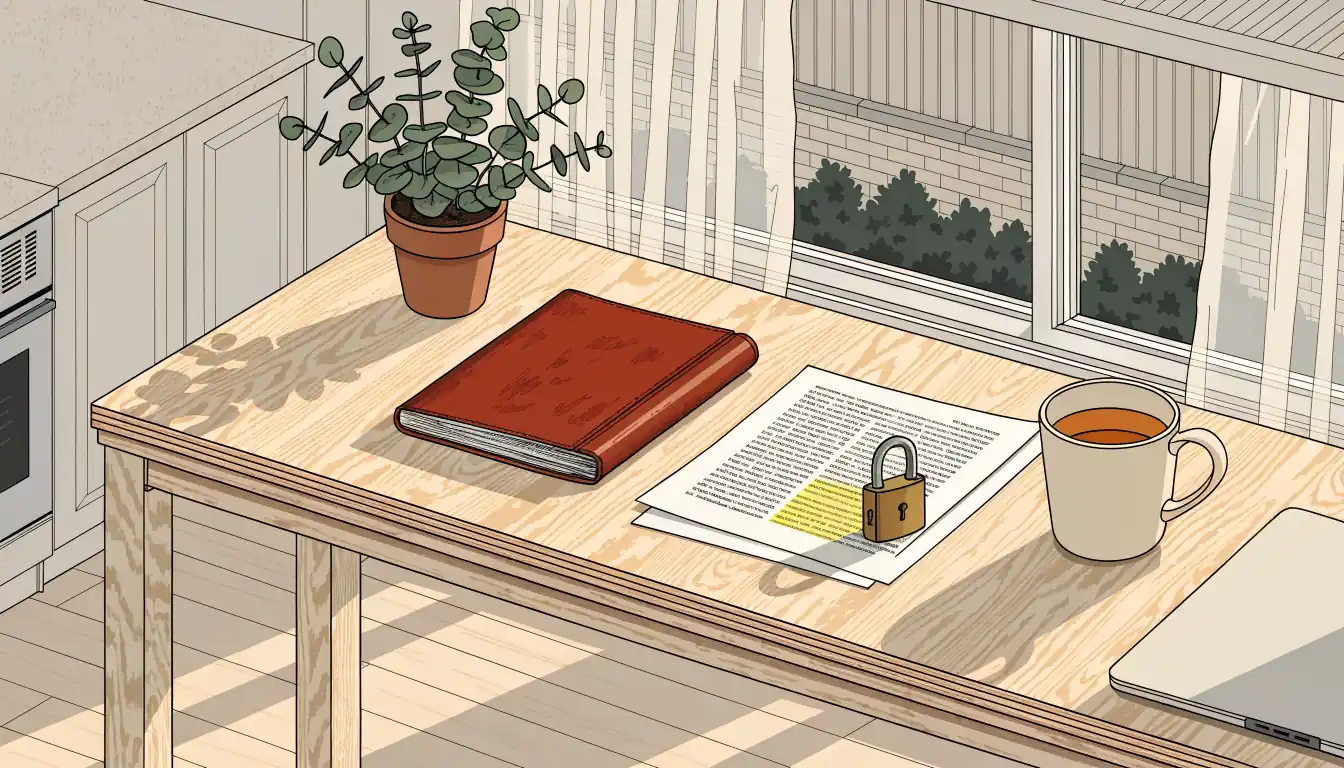 Closed notebook, brass padlock, eucalyptus plant, and tea mug on a wooden desk in warm afternoon light.