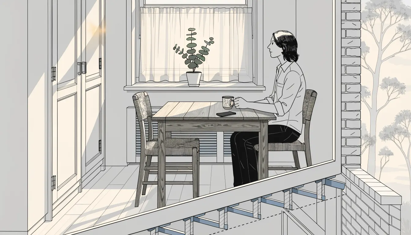 Contemplative person at a table with a phone placed face-down in a sunlit Australian home.