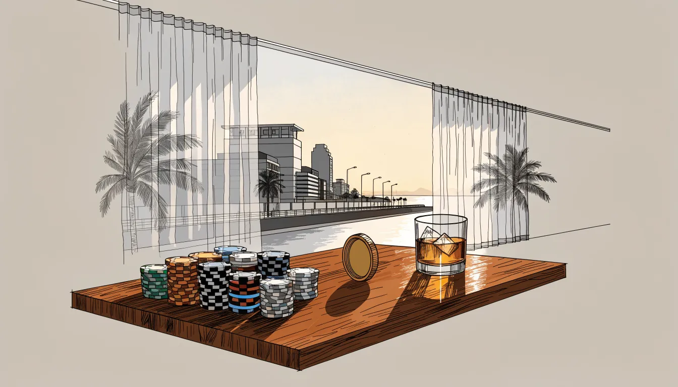 Poker chips and a gold coin on a wooden bar counter in an Australian harbour lounge at golden hour