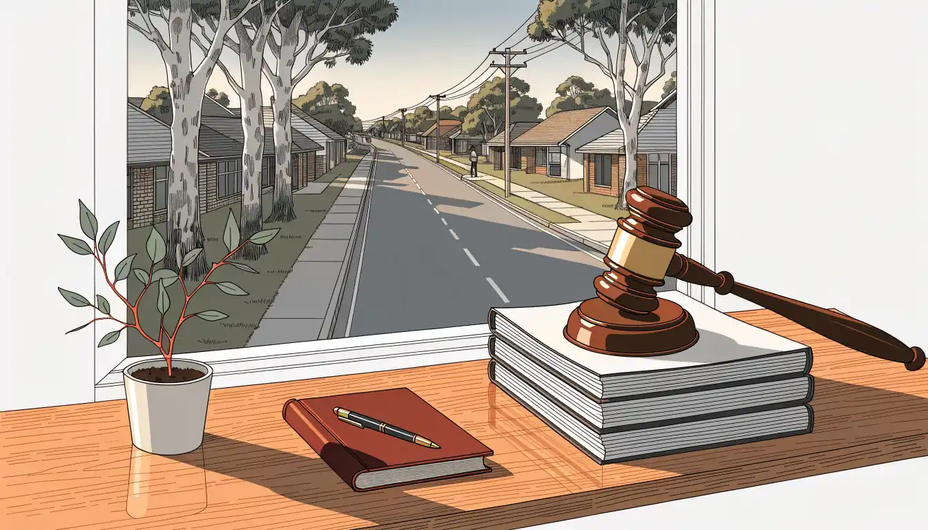 Gavel on legal papers with eucalyptus on a sunlit desk