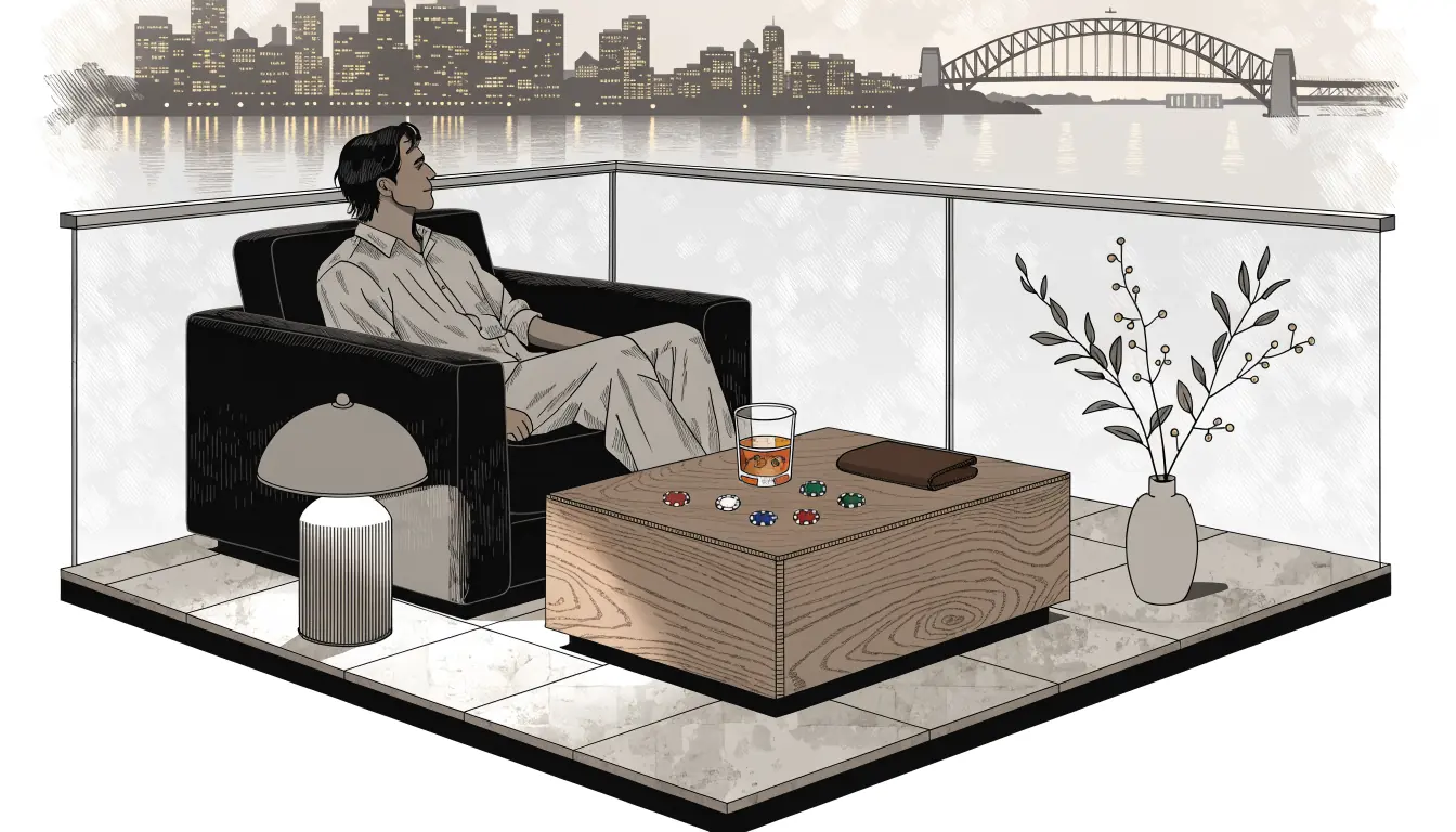 Sydney waterfront lounge with casino chips, whisky, and skyline view at dusk